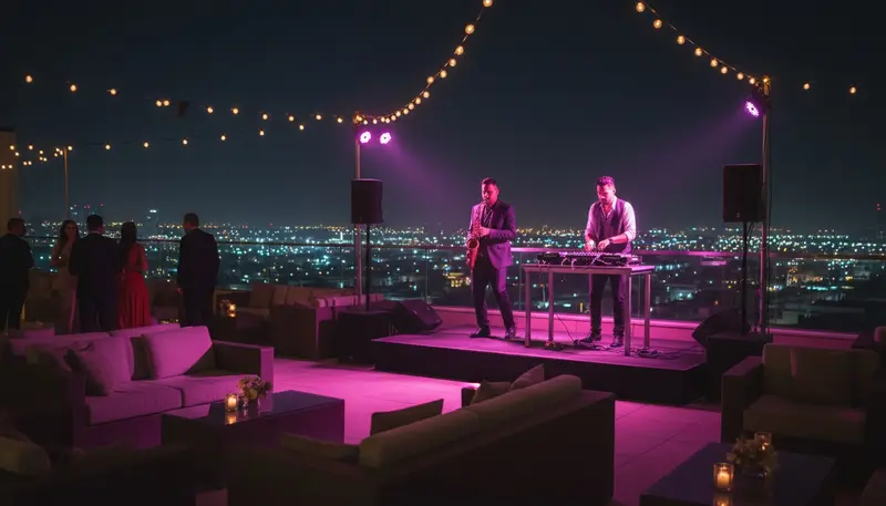 DJ and a live saxophonist playing together on a rooftop stage in Dubai at night