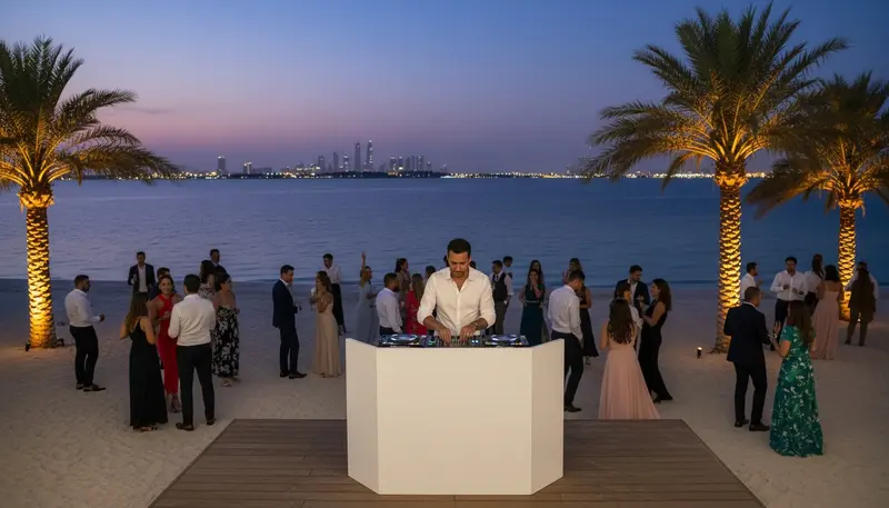 DJ booth at a beachfront evening event in Abu Dhabi with guests and palm trees