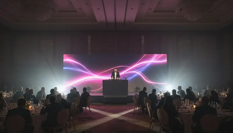DJ on a stage at a corporate gala dinner in a large Dubai ballroom with guests at round tables