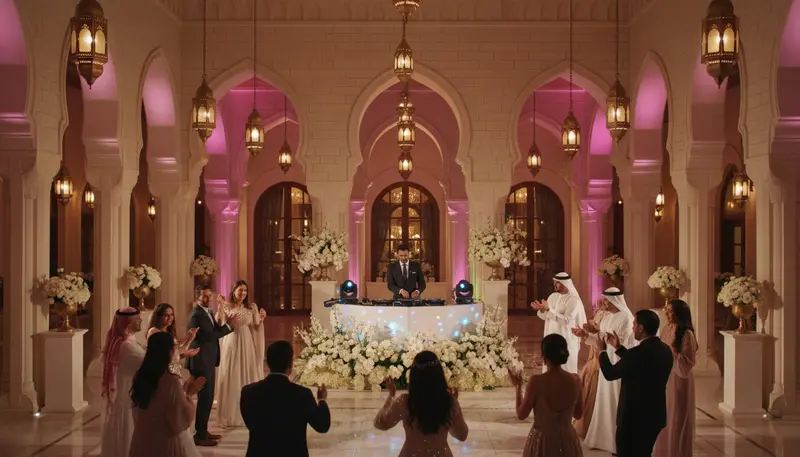 DJ playing Arabic music at a wedding party in a Dubai venue with Arabic lanterns and guests dancing