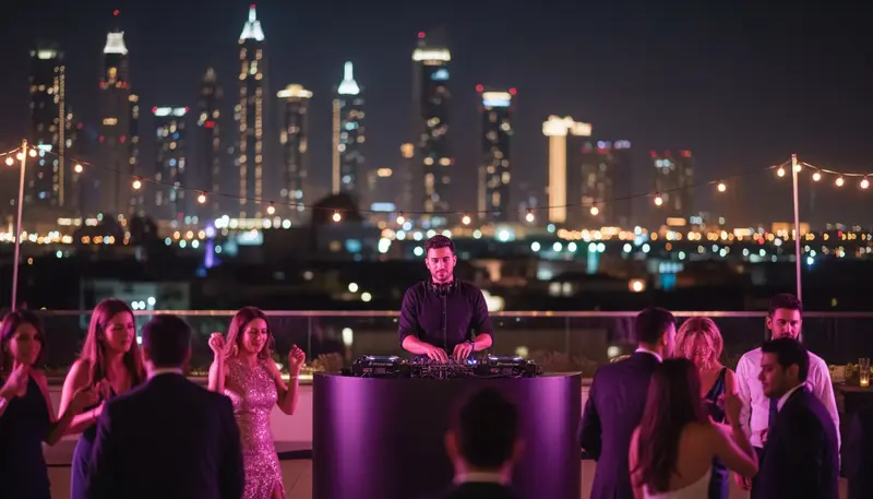 DJ playing at a rooftop party at night with guests dancing and the Dubai skyline behind