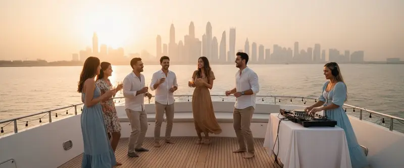 DJ playing on the deck of a private yacht party at sunset off Dubai Marina