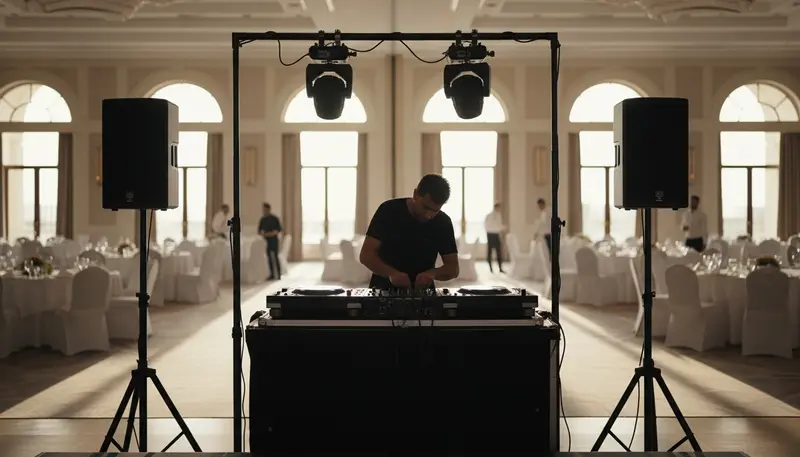 DJ setting up a mixer, speakers and lights before an event in a Dubai venue