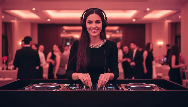 Female DJ with headphones mixing at a DJ booth at an evening event in Dubai