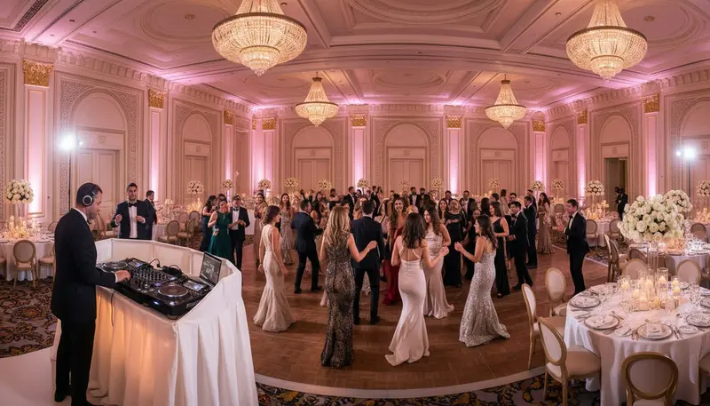 Wedding DJ at a booth beside a full dance floor at a reception in a Dubai hotel ballroom